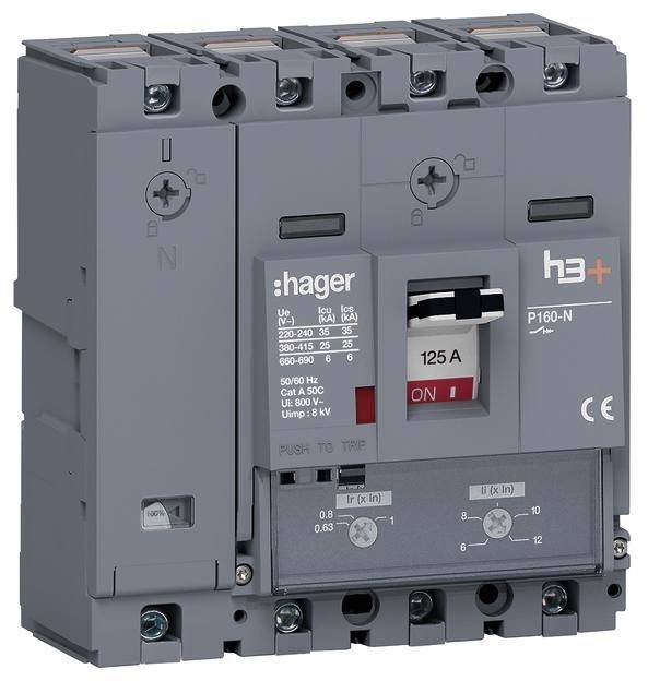 Ein grauer Leistungsschalter von Hager mit einem Schalter, der auf 125 A eingestellt ist. Geeignet für Spannungen bis 690 V.