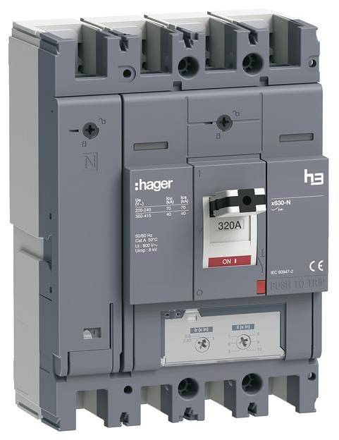 Leistungsschalter von Hager mit Aufschrift '320A' für industrielle elektrische Anwendungen.