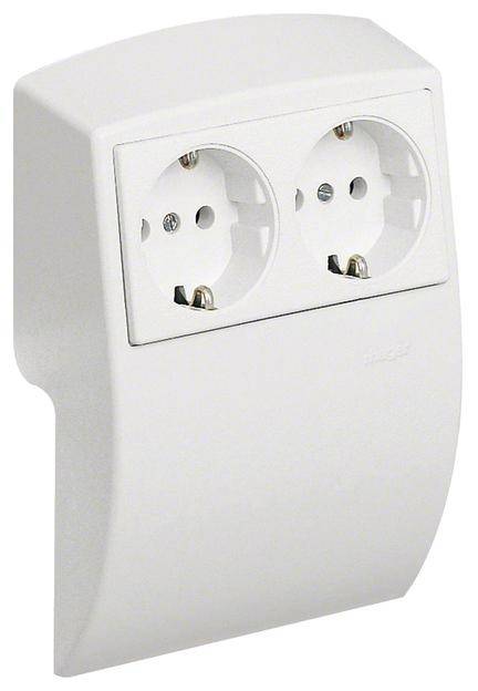 Weiße Doppelsteckdose ohne angeschlossene Kabel, geeignet für europäische Standardstecker, montiert an einer Wandplatte.
