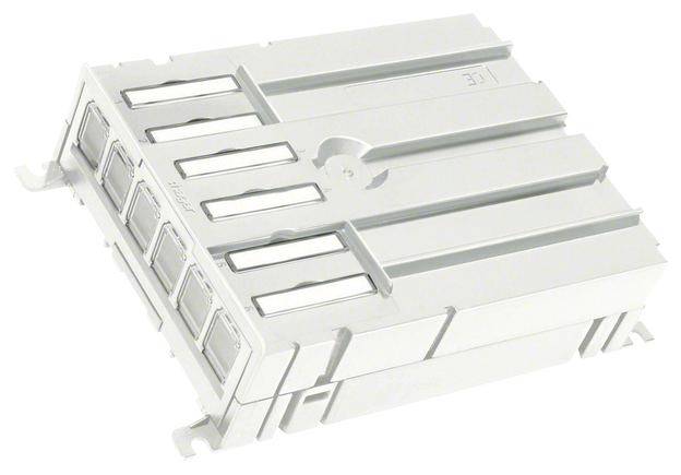 Ein rechteckiges Kunststoffgehäuse mit mehreren Steckplätzen auf der Oberseite. Es ist speziell für Geräte oder Verbindungskabel konzipiert.