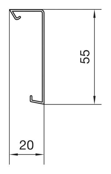 Technische Zeichnung eines Profils mit einer Höhe von 55 mm und einer Tiefe von 20 mm, Ansicht von der Seite.
