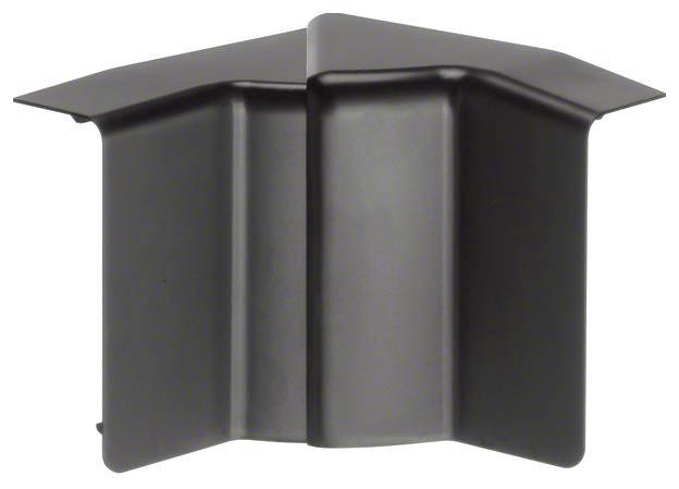 Schwarzes, dreiteiliges Metallelement in Winkel- oder V-Form, vermutlich eine Bauteilverbindung oder Abdeckung, vor neutralem Hintergrund.