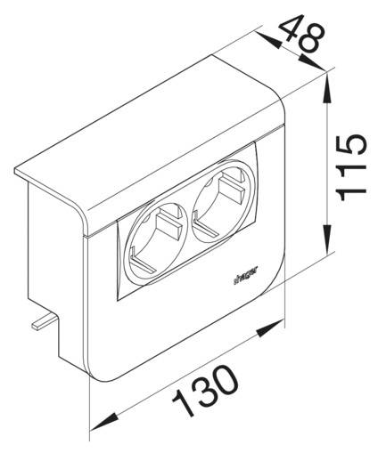 Abbildung einer Doppelsteckdose mit den Maßen 115 mm Höhe, 130 mm Breite und 48 mm Tiefe.
