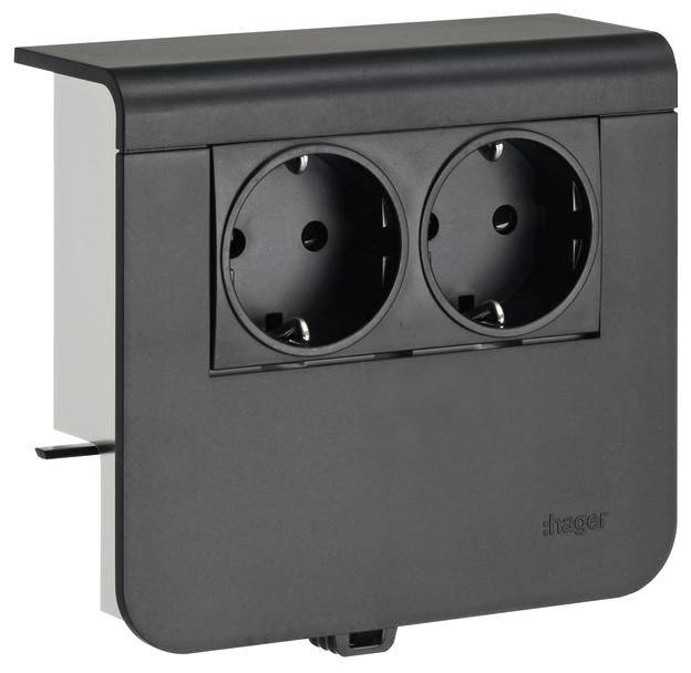 Doppelsteckdose mit schwarzer Abdeckung, vertikal montierbar. Geeignet für den Einsatz in modernen Elektroinstallationen.