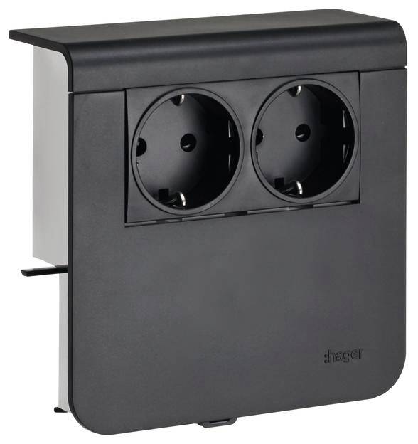 Zwei schwarze Steckdosen mit Abdeckung in einem rechteckigen Gehäuse. Ideal für geschützte Außeninstallationen.