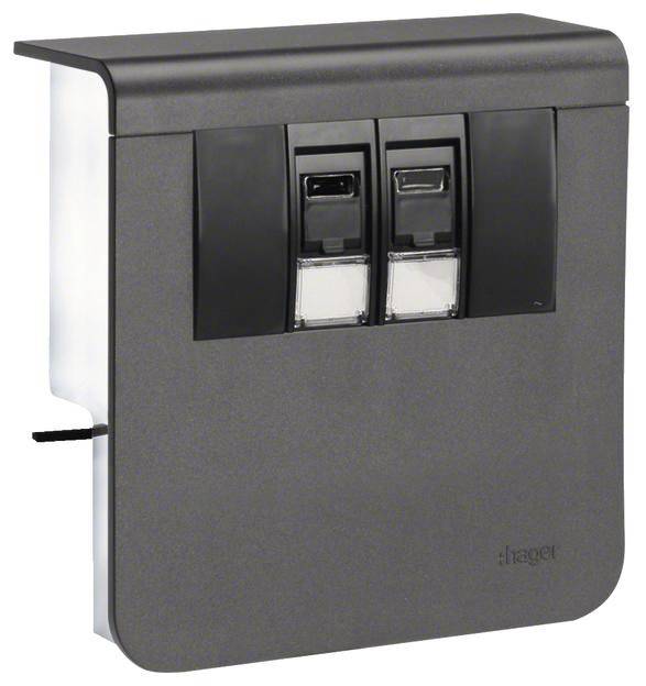 Grau-schwarze elektrische Schalteinheit mit zwei Schaltern, geeignet für Wohn- oder Büroinstallationen.