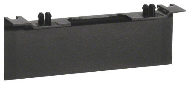 Schwarze Kunststoffabdeckung mit Haken oder Klemmen an beiden Enden, wahrscheinlich für den Gebrauch in technischer oder elektronischer Ausrüstung.