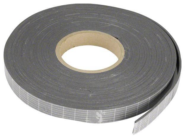 Eine Rolle graues Dichtungsband, aufgerollt, mit Papierrücken sichtbar. Ideal für Abdichtungs- und Isolierungszwecke.