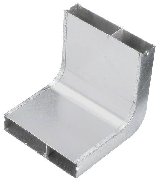 Metallisches L-förmiges Verbinderteil, möglicherweise zur Verbindung von Lüftungskanälen. Silberne, reflektierende Oberfläche.