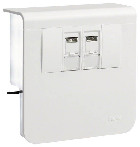 Ein weißes Wandpanel mit zwei Steckdosen, möglicherweise für Ethernet-Verbindungen. Eine kleine schwarze Kabelöffnung ist sichtbar.