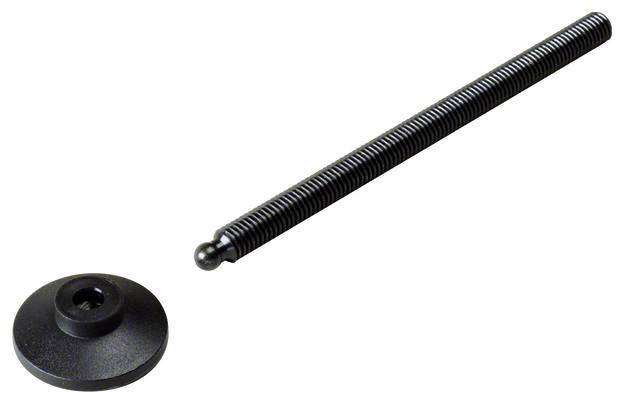 Schwarze Gewindestange mit rundem Kopf neben einer flachen, runden Scheibe, die für technische oder handwerkliche Anwendungen verwendet wird.