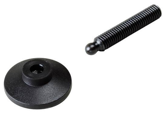 Ein schwarzer Schraubbolzen und eine flache, runde Unterlegscheibe aus Metall, möglicherweise Bestandteil eines Befestigungssystems.