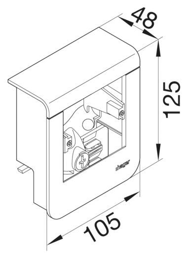 Technische Zeichnung einer Box mit den Maßen: Breite 105 mm, Höhe 125 mm, Tiefe 48 mm. Detailansicht des Innenmechanismus.