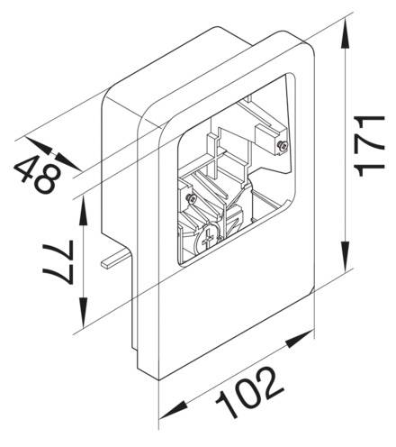 Technische Zeichnung eines Gehäuses mit den Maßen 48x77x171 mm und einer Breite von 102 mm; Innenstruktur sichtbar.