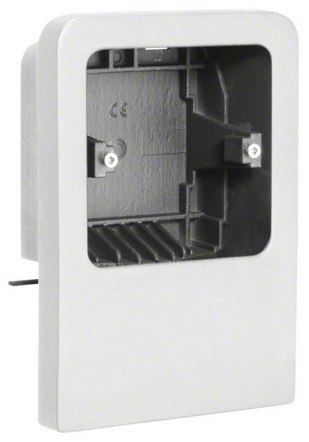 Metallgehäuse mit rechteckiger Aussparung und zwei sichtbaren Schraubenlöchern, vermutlich für elektronische Bauteile.
