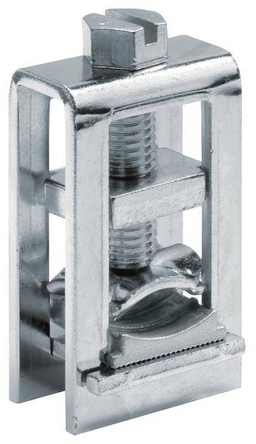 Metallbefestigungselement mit Schraube und Klemmechanismus, verwendet für sicheres Verbinden von Strukturen in Bauanwendungen.