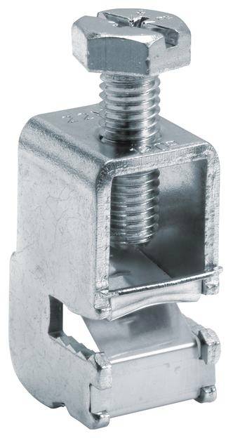 Metallische Schraubklemme mit quadratischem Gehäuse und gewindeschmalem Mittelteil, verwendet zur sicheren Verbindung von Bauteilen.