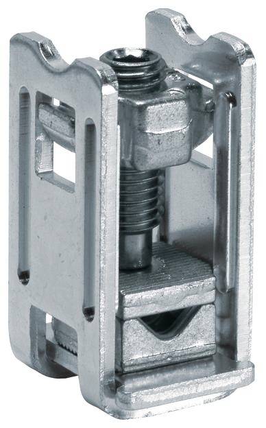 Metallklemme in silberner Farbe, besteht aus zwei parallel laufenden Schienen mit einer zentralen Schraube zum Festziehen und Befestigen.