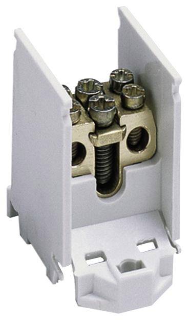 Weiße elektrische Anschlussklemme mit vier Schraubkontakten. Sie wird zum Verbinden elektrischer Drähte verwendet.