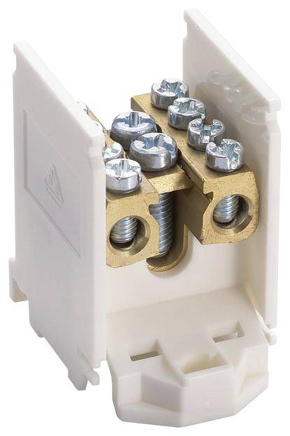 Weißes elektrisches Klemmengehäuse mit messingfarbenem Anschlussblock und Schraubklemmen, geeignet für elektrische Verdrahtung.