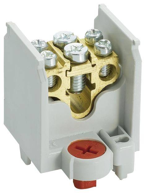 Ein modularer elektrischer Verbinder mit Schraubklemmen aus Metall und einem Kunststoffrahmen für die Installation und Stromübertragung.