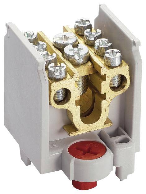 Elektrische Klemmleiste mit vier Schraubklemmen in grauem Gehäuse, geeignet für den Anschluss von Kabeln in elektrischen Systemen.