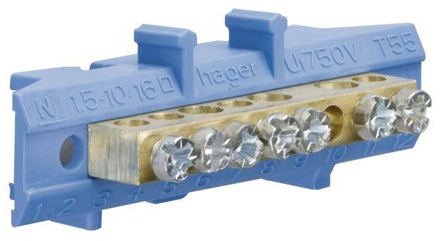 Eine blaue elektrische Anschlussklemme mit acht Schraubkontakten und Beschriftungen auf der Oberseite zur Befestigung und Verbindung von Kabeln.