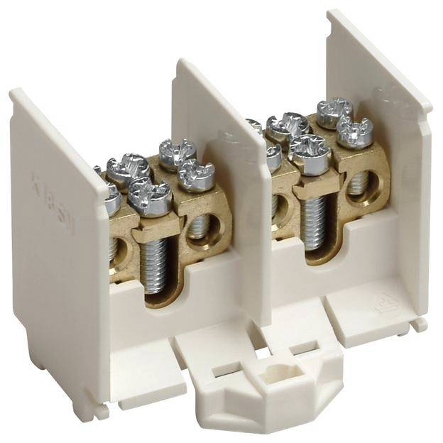 Zweipolige elektrische Anschlussklemme aus Kunststoff und Metall, geeignet zum sicheren Verbinden von Kabeln in Elektroinstallationen.