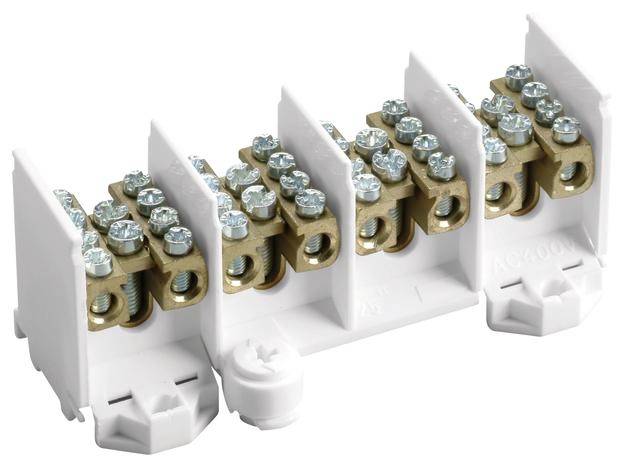 Ein weißer elektrischer Verteilerblock mit mehreren Anschlussklemmen, geeignet für die Verbindung von Drähten in elektrischen Installationen.