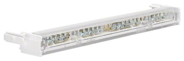 Ein längliches, durchsichtiges Kunststoffbauteil, wahrscheinlich ein elektrischer Verbinder oder eine Lüsterklemme, mit mehreren Anschlussklemmen.