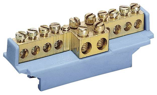 Ein Kupfer-Verteilerblock zur elektrischen Verkabelung, montiert auf einem blauen Träger, mit mehreren Schraubverbindungen.