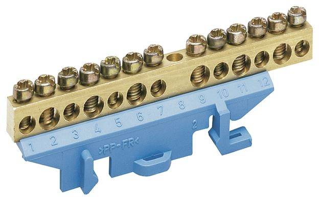 Ein Messingkamm im blauen Kunststoffhalter mit zwölf nummerierten Schraubklemmen für elektrische Anschlüsse.