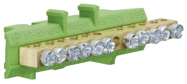 'Grüner Verteilerblock von Hager UT50V T55' zeigt acht Anschlüsse und wird zur Verdrahtung in elektrischen Installationen verwendet.