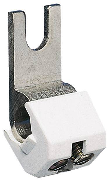Ein U-förmiger Metallanschluss mit einer weißen Kunststoffabdeckung, die zwei Schrauben zur Befestigung von Kabeln enthält.