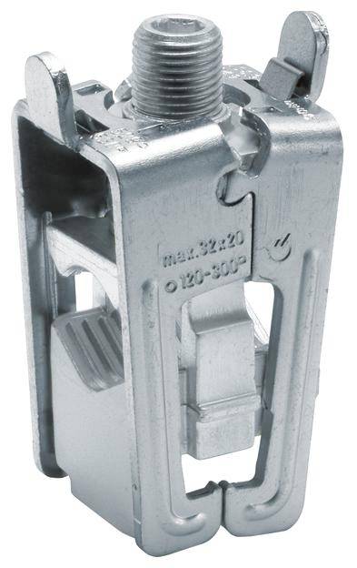 Metallische Klemmschelle mit Schraubverschluss, geeignet für Kabelbefestigung, zeigt Öffnungsmechanismus und Schraubgewinde.
