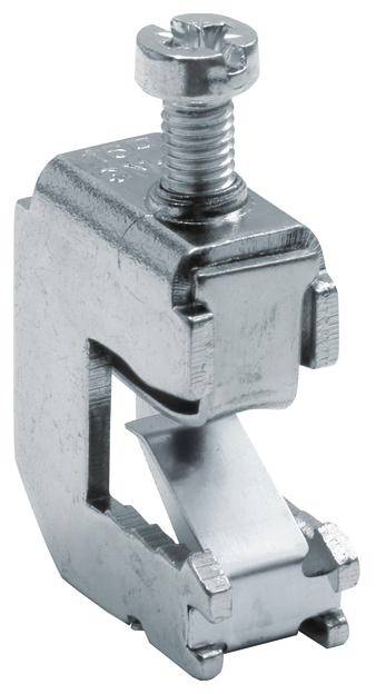 Ein silberner Metallklemme mit Schraube oben, vermutlich für die Befestigung von Kabelelementen oder anderen mechanischen Komponenten.