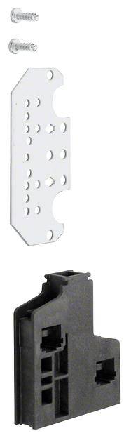 Befestigungsplatte mit Schrauben und schwarzer Halterung, die für die Montage elektrischer Komponenten geeignet ist.