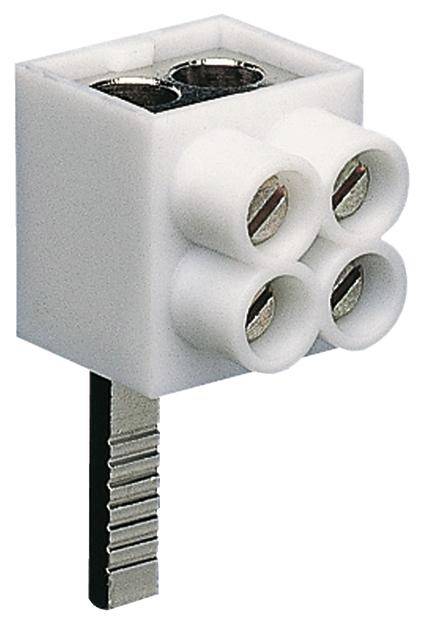 Ein vierpoliger elektrischer Steckverbinder mit Kunststoffgehäuse und metallischen Anschlüssen, vertikale Anordnung der Kontakte.