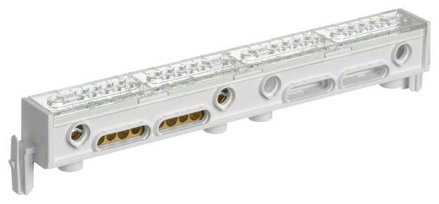 Ein längliches, weißes elektronisches Bauteil mit mehreren Anschlüssen und transparenten Abdeckungen, möglicherweise für industrielle Anwendungen.