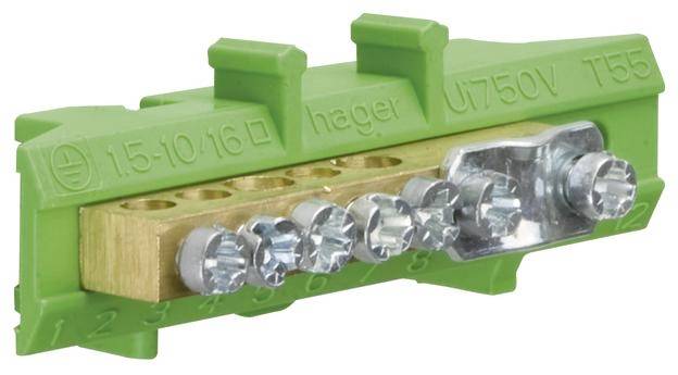 Grüne elektrische Anschlussklemme mit Messing- und Metallschrauben, geeignet für den Einsatz in elektrischen Installationen.