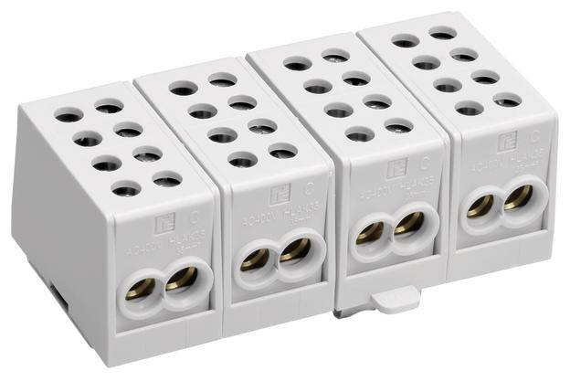 Weiße Lüsterklemme mit vier Anschlüssen, jeweils mit zwei Einführungsöffnungen für elektrische Drähte.