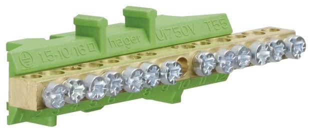 Grüne Hager-Klemmleiste mit zehn silbernen Schraubklemmen, Aufdruck '1.5-10/16 hager U750V T55', verwendet für elektrische Anschlüsse.