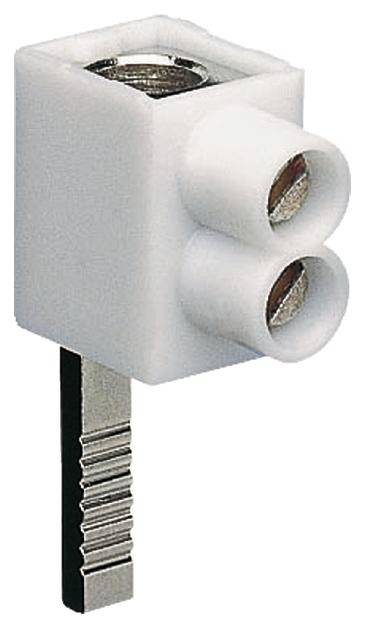Ein weißer, zweipoliger Steckverbinder mit Metallstiften unten, geeignet für elektrische Verbindungen.