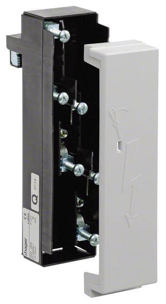 Grau-schwarzes elektrisches Bauteil mit Schrauben und einem Blitzsymbol auf der Abdeckung, zeigt Teile eines Sicherungsschalters.
