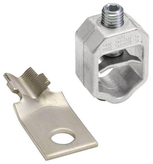 Ein Aluminium-Kabelverbinder und eine Kabelschuhklemme werden gezeigt. Der Verbinder hat ein Gewinde, die Klemme hat ein Loch für die Kabelbefestigung.