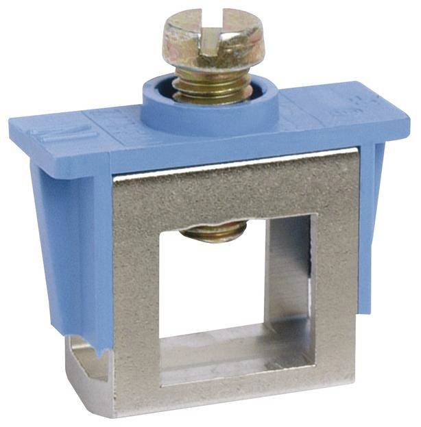 Ein blauer Steckverbinder mit einer Schraube oben sichtbar, umgeben von einem rechteckigen Metallrahmen. Geeignet für Kabelmontage.
