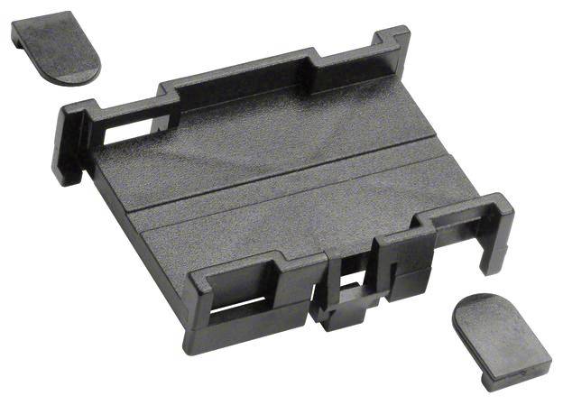 Schwarzes Plastikteil mit rechteckiger Basis und abstehenden Clipstrukturen. Zwei abnehmbare Kappen sind oben und unten platziert.