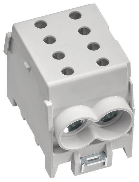 Ein grauer, rechteckiger elektrischer Klemmenblock mit mehreren Anschlussöffnungen, geeignet zur Aufnahme von Drähten für elektrische Verbindungen.