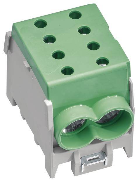 Grüner elektrischer Steckverbinder mit mehreren Anschlussöffnungen, geeignet für den Einsatz in Elektroinstallationen.