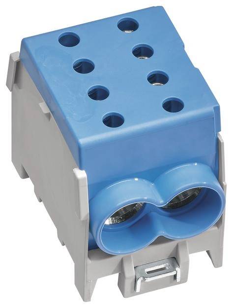 Elektrische Klemme mit blauer Abdeckung und mehreren Anschlussöffnungen, verwendet für das Verbinden von Leitern in elektrischen Installationen.